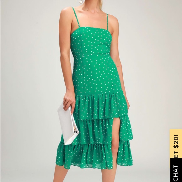 Lulus Dresses & Skirts - Green polka dot ruffle dress with split